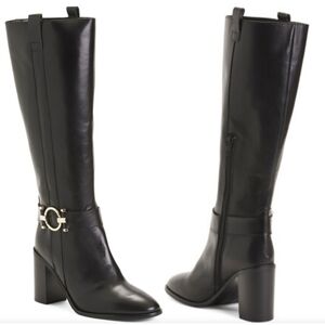 Napoleoni Black Italian Leather Knee High Block Heel Boots 38 /7.5